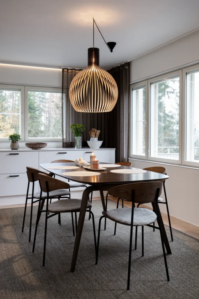 Tunnelmallinen ruokailutila ja näyttävä riippuvalaisin luovat lämpimän kokonaisuuden – sisustussuunnittelu Espoo Nuuksio