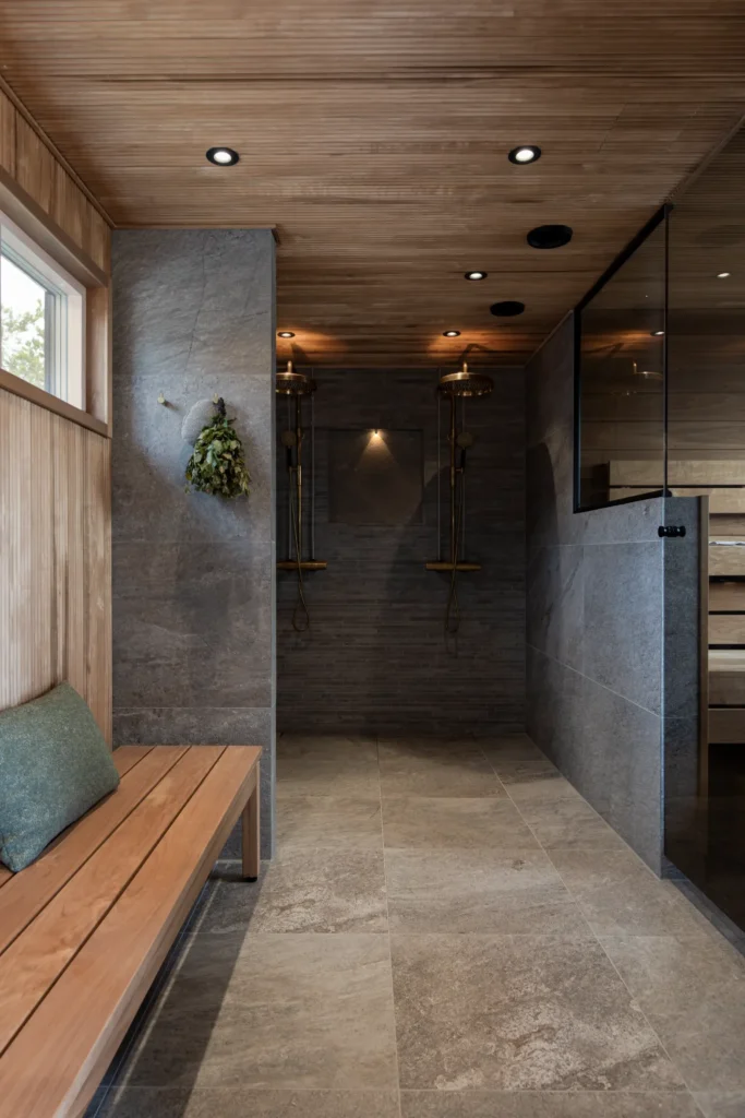 Saunatilan oleskelualue penkillä ja luonnonmateriaaleilla – sisustussuunnittelu Tammisaari